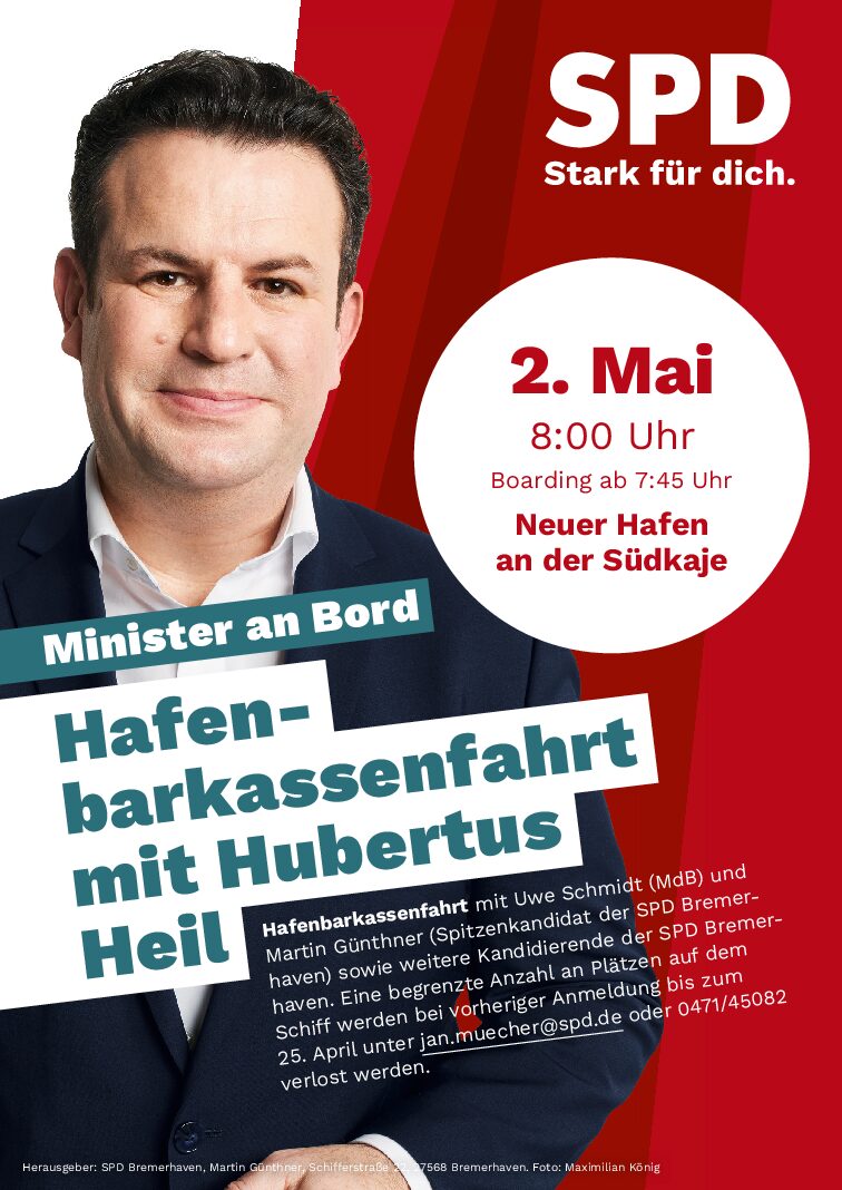 Mit Minister an Bord – Hafenbarkassenfahrt mit Hubertus Heil und Kandidierenden der SPD Bremerhaven